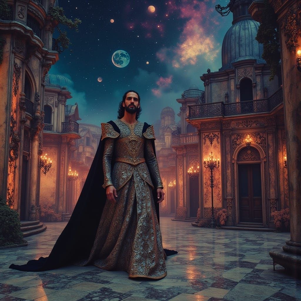 Medieval Man in Alien Town on Auroracore Planet