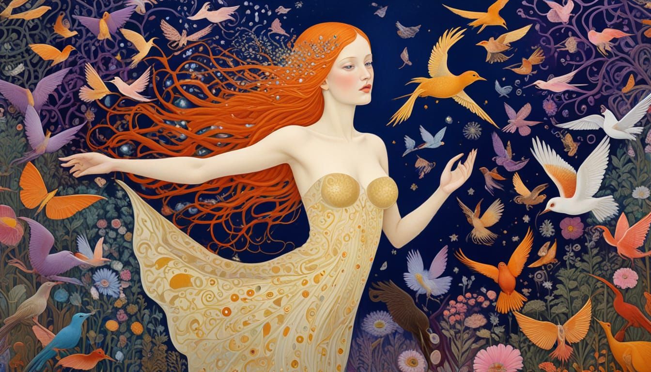 Ethereal Woman with Cosmic Birds in Surreal Style