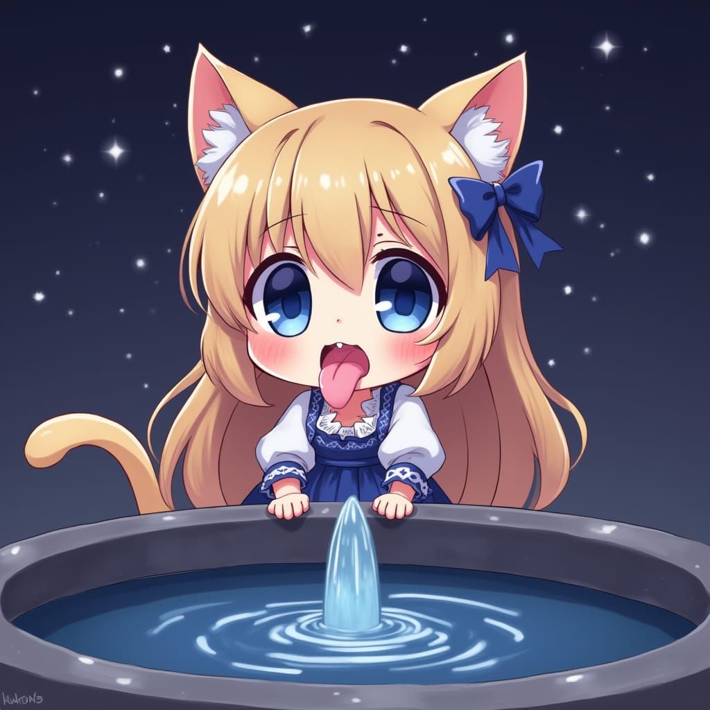 Chibi Catgirl Drinks from Fountain under Starry Night Sky