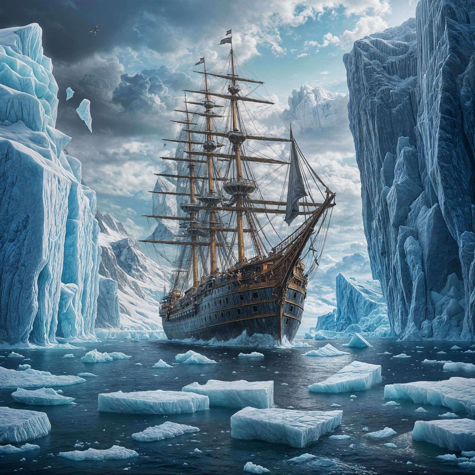 Epic Ship Sails Through Cheese Icebergs in the Ocean, Digita...
