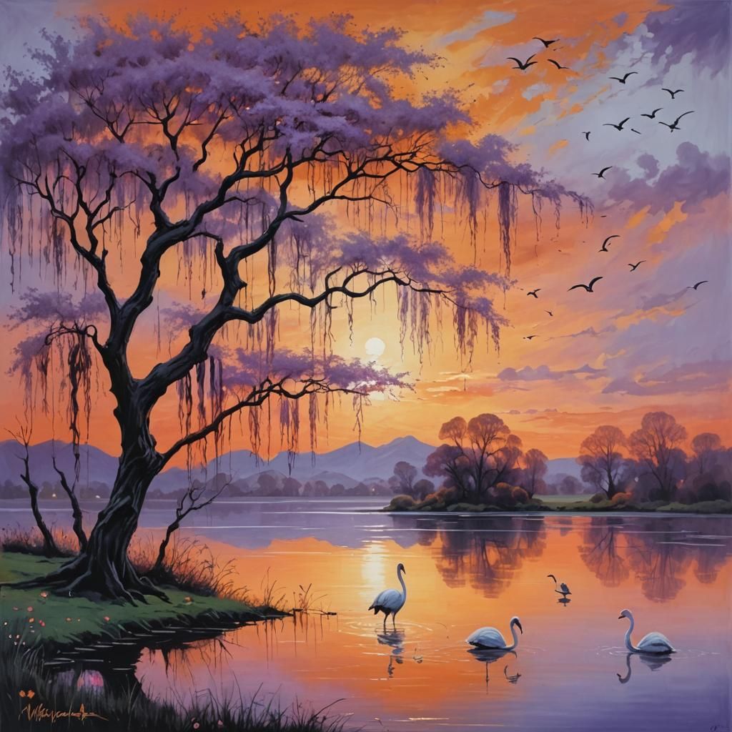 Surreal Sunset with Flamingos in Classical Style