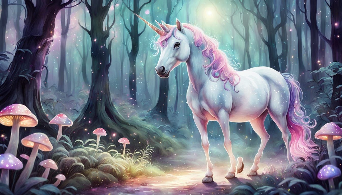 Mystical Cat-Headed Unicorn in Watercolor Forest