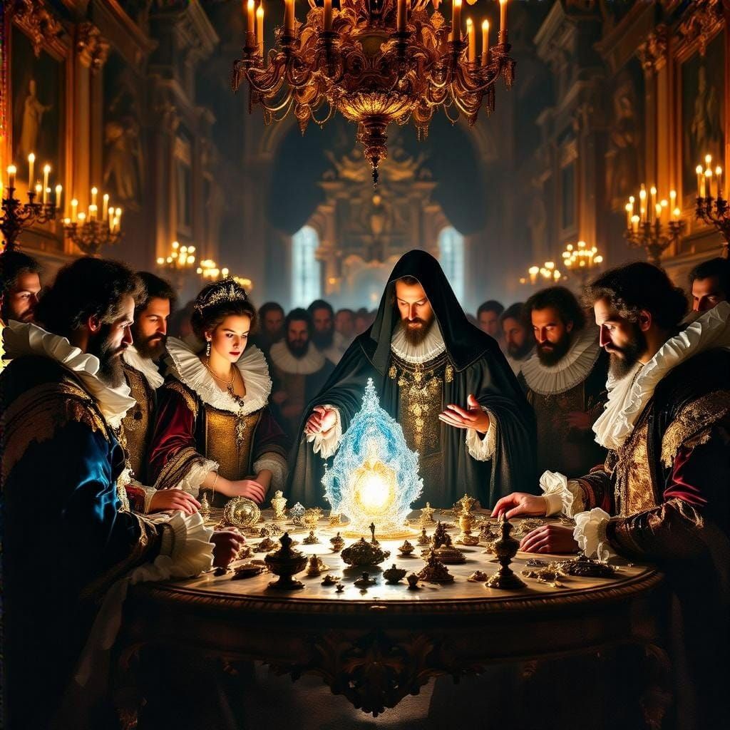 Baroque Alchemist Scene with Ethereal Relic