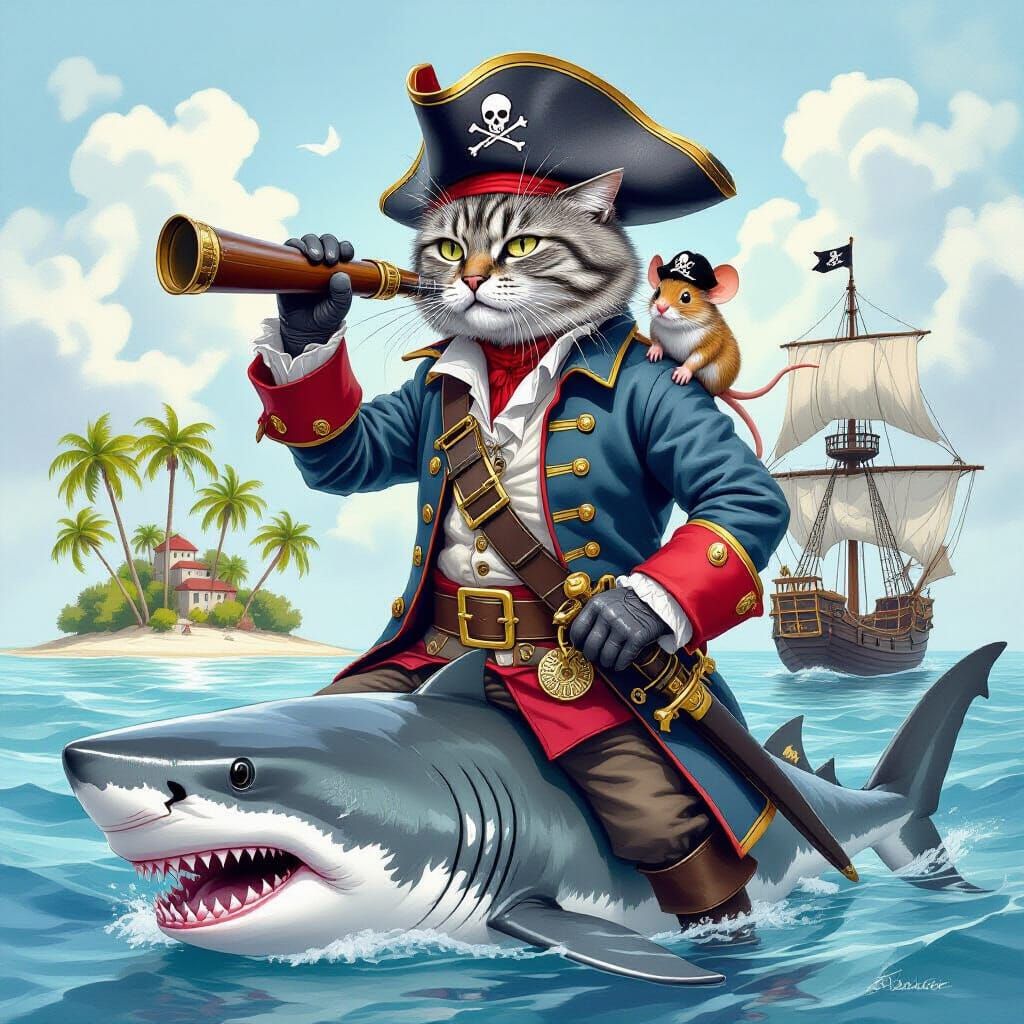Pirate Cat on Shark, Watercolor Illustration