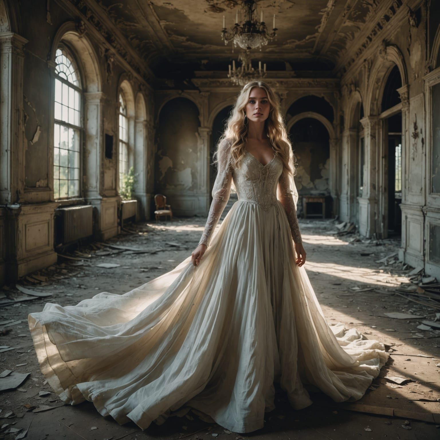 Ethereal Woman in Abandoned Castle, Photorealistic Style