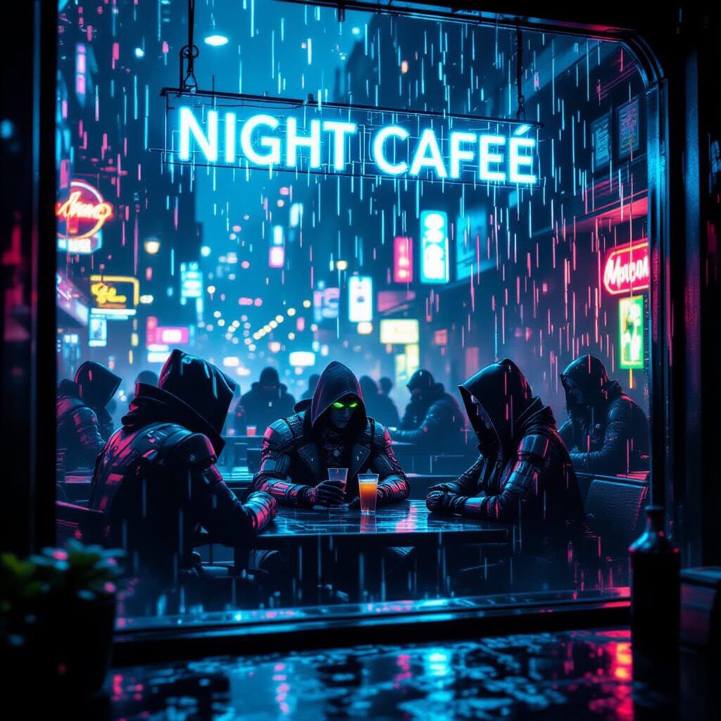 Futuristic Night Cafe Bar in Dark Fantasy Style
