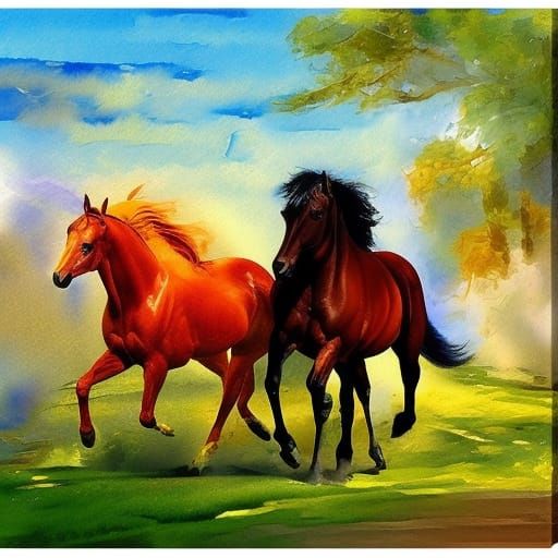 Horses in Gouache and Watercolor Impressionist Style