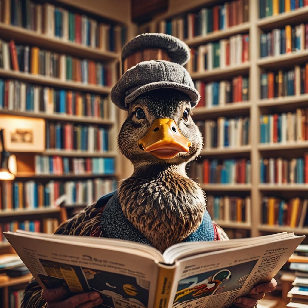 Duck Reads Comics: Macro Portrait in Cozy Library