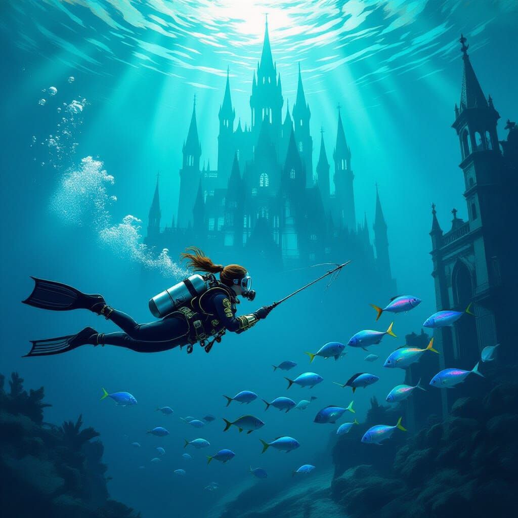 Victorian Diver in Underwater Gothic Castle