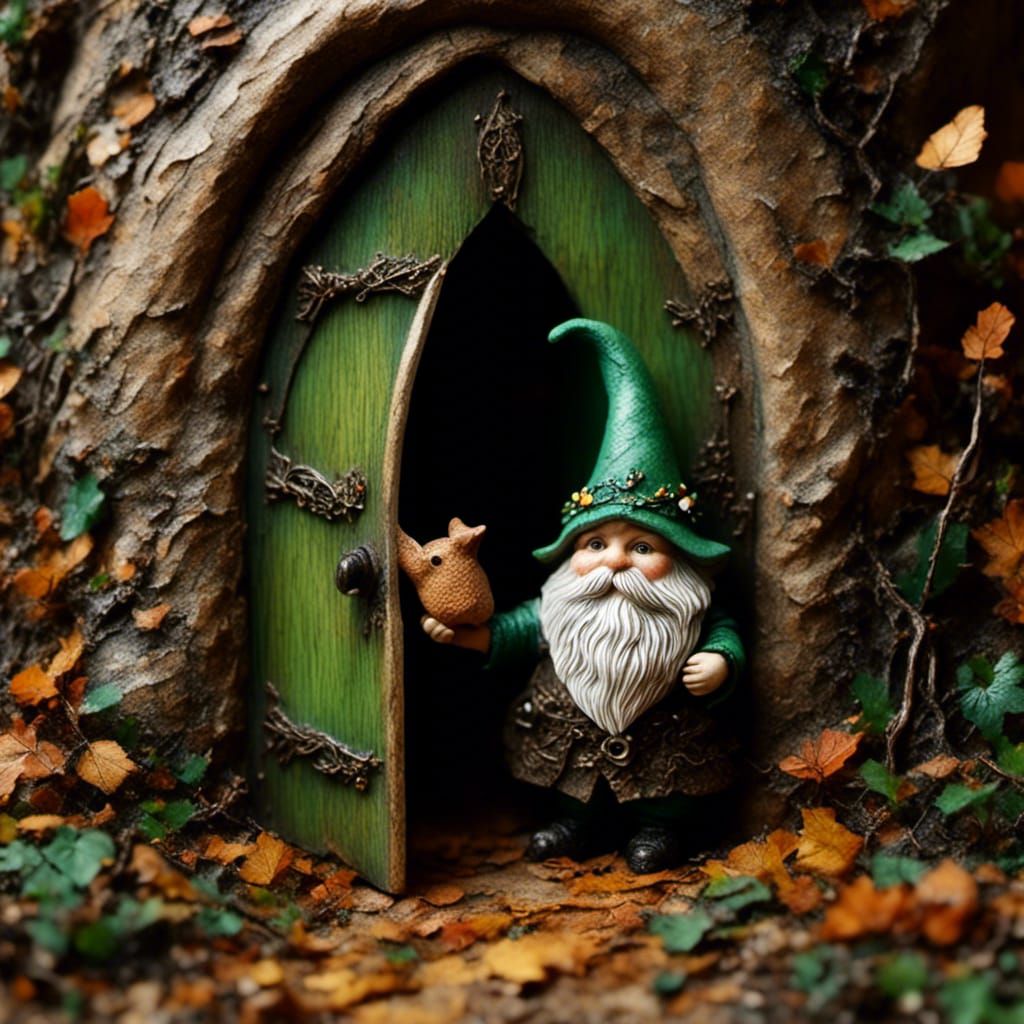 Gnome and Mouse in Autumn Forest, Photorealistic Fantasy