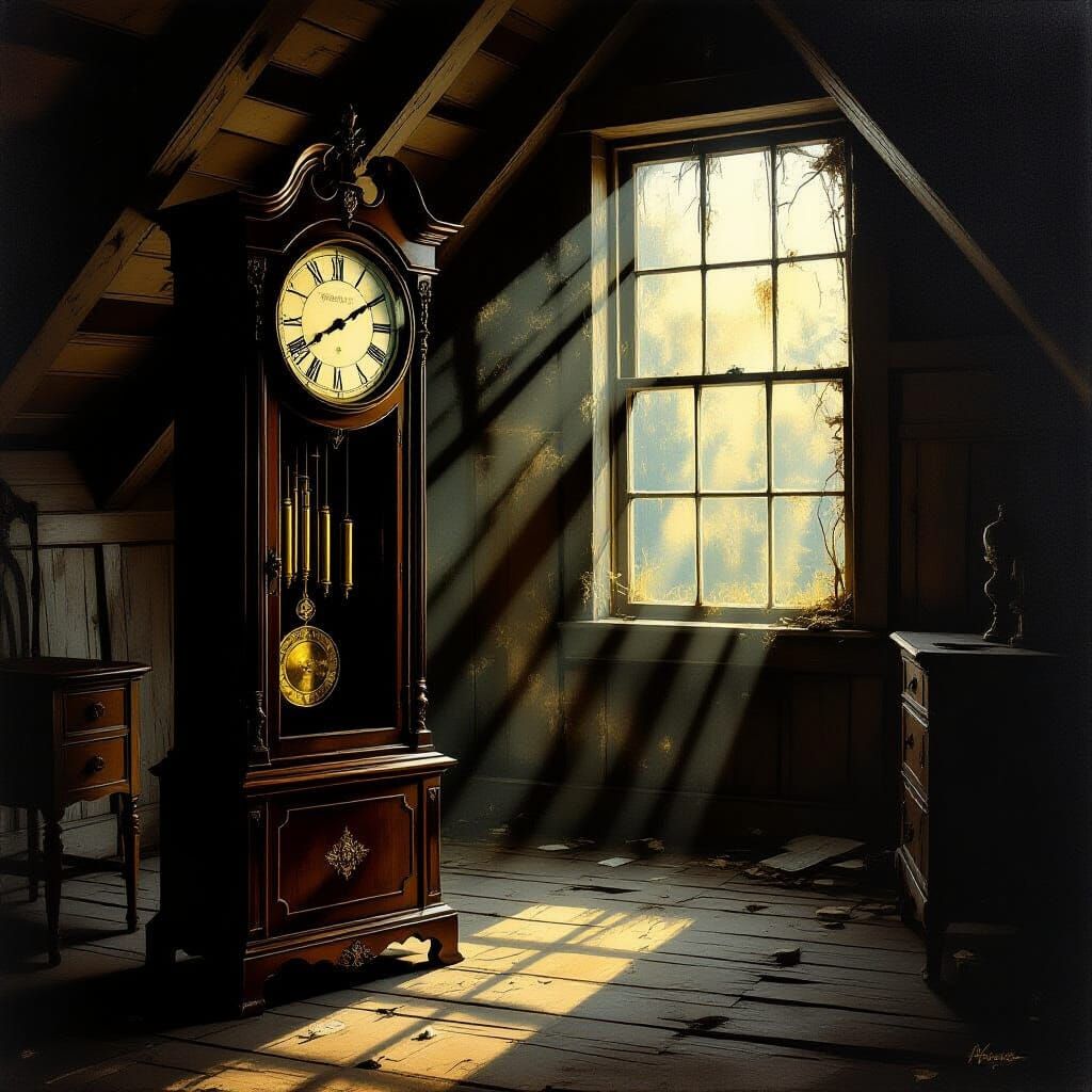 Melancholic Grandfather Clock in Dusty Attic Oil Painting