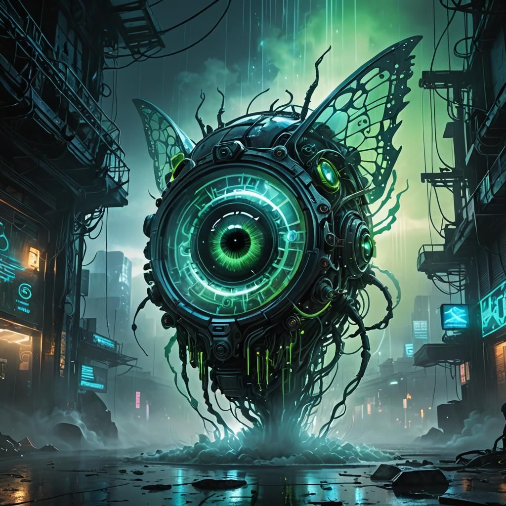 Cyberpunk Glass A with Brain and Neon Tendril