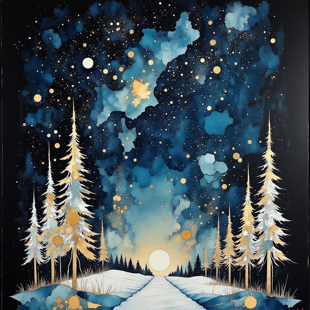 Starry Night Sky Under Pine Boughs in a Neurographic Oil Pai...