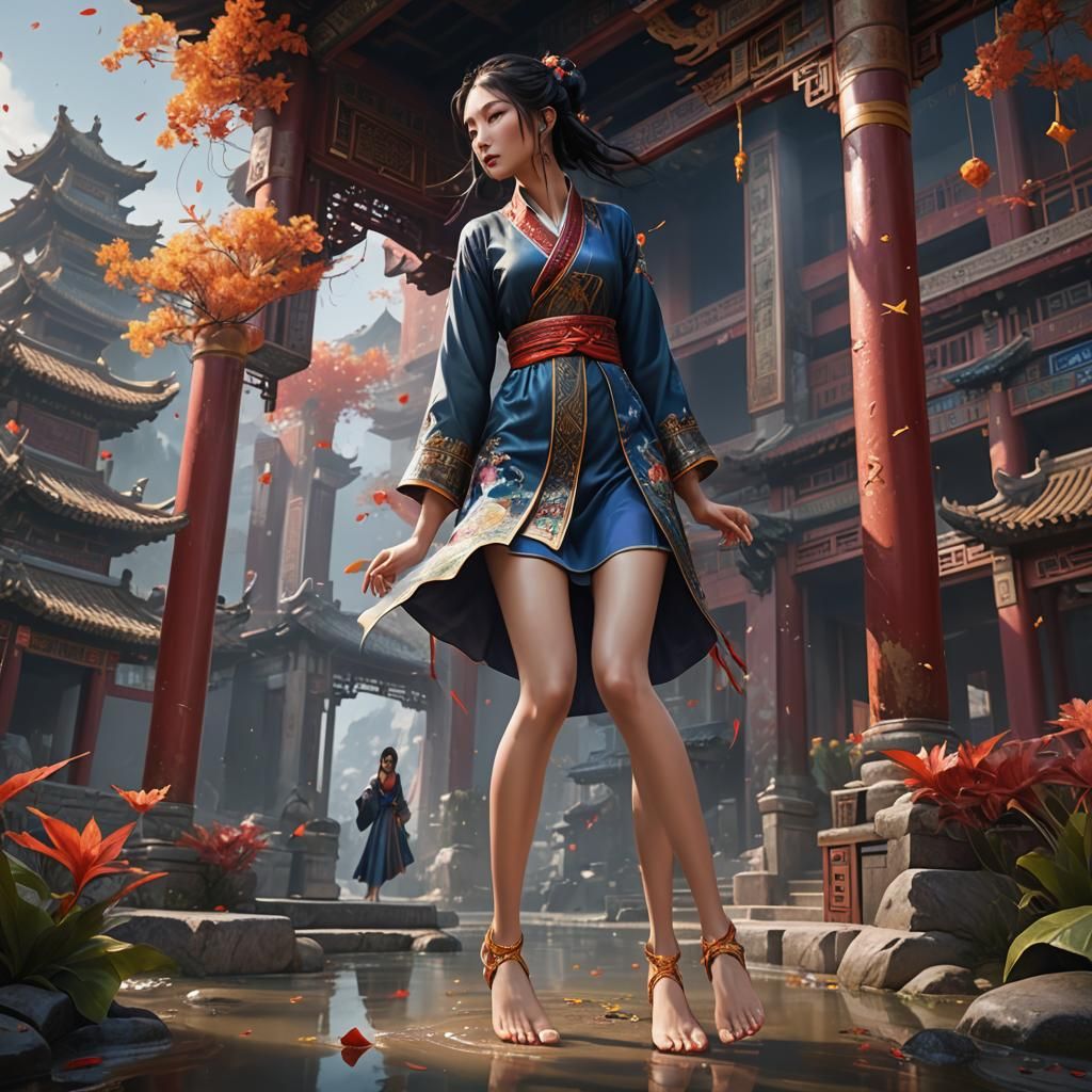 Chinese Girl Barefoot: Detailed Matte Painting