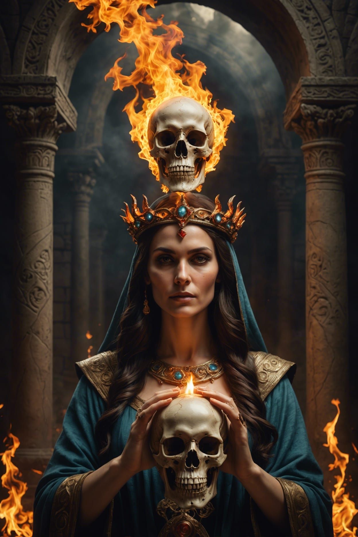 Ancient Priestess Holding Flaming Skull Photorealistic Image