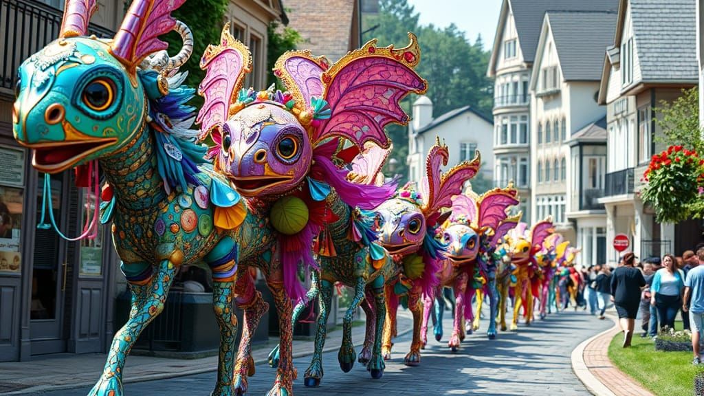 Whimsical Parade of Fantastical Creatures in Vibrant Colors