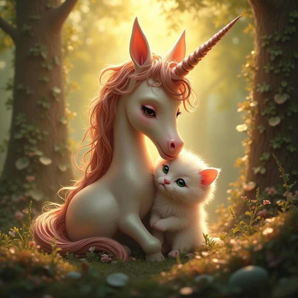 Magical Metallic Unicorn Cuddles Kitten in Enchanted Forest