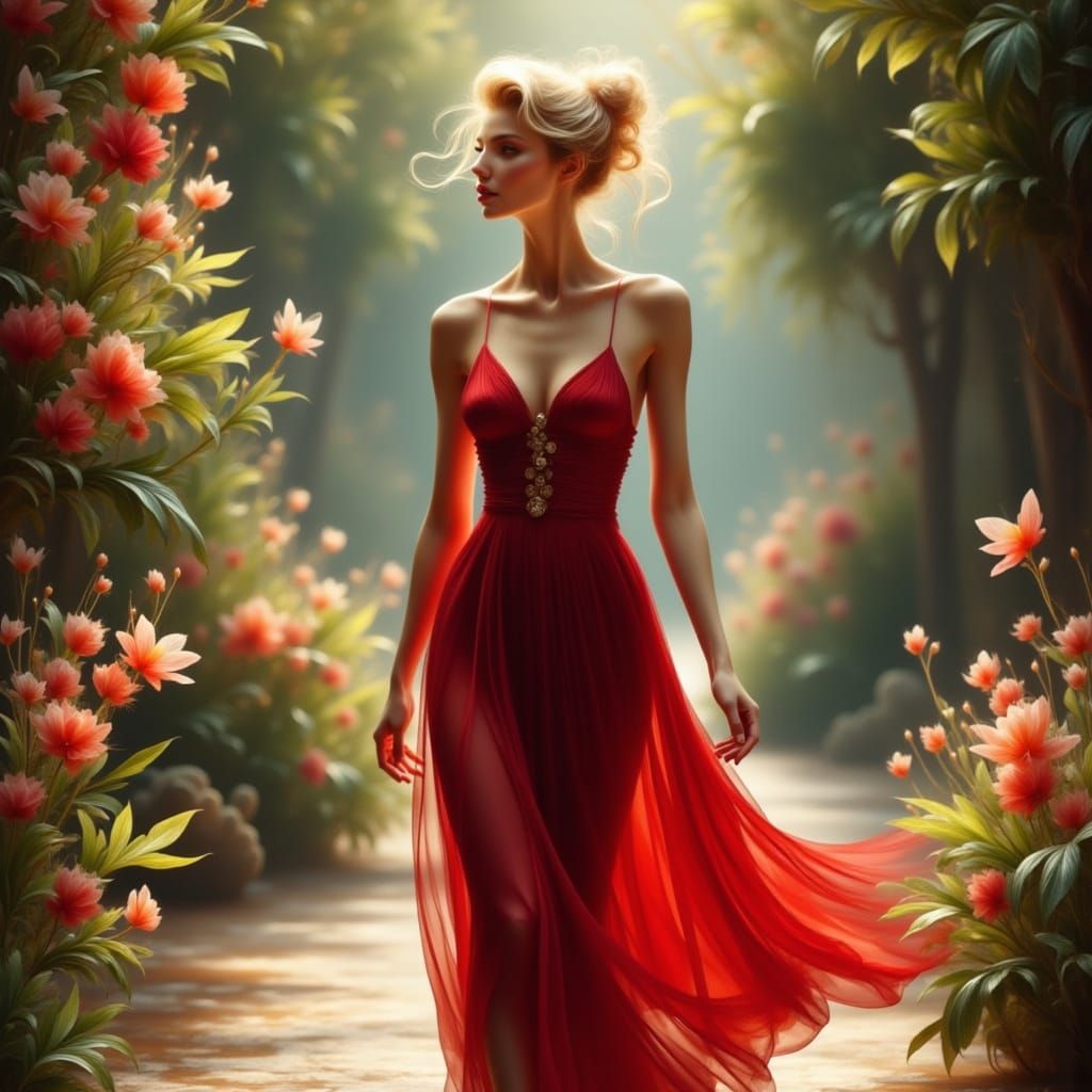 Elegant Woman in Garden, Digital Acrylic Painting