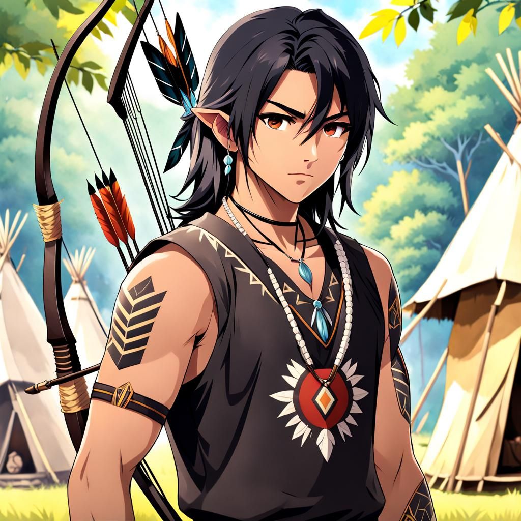 Native American Warrior with Bow in Anime Style