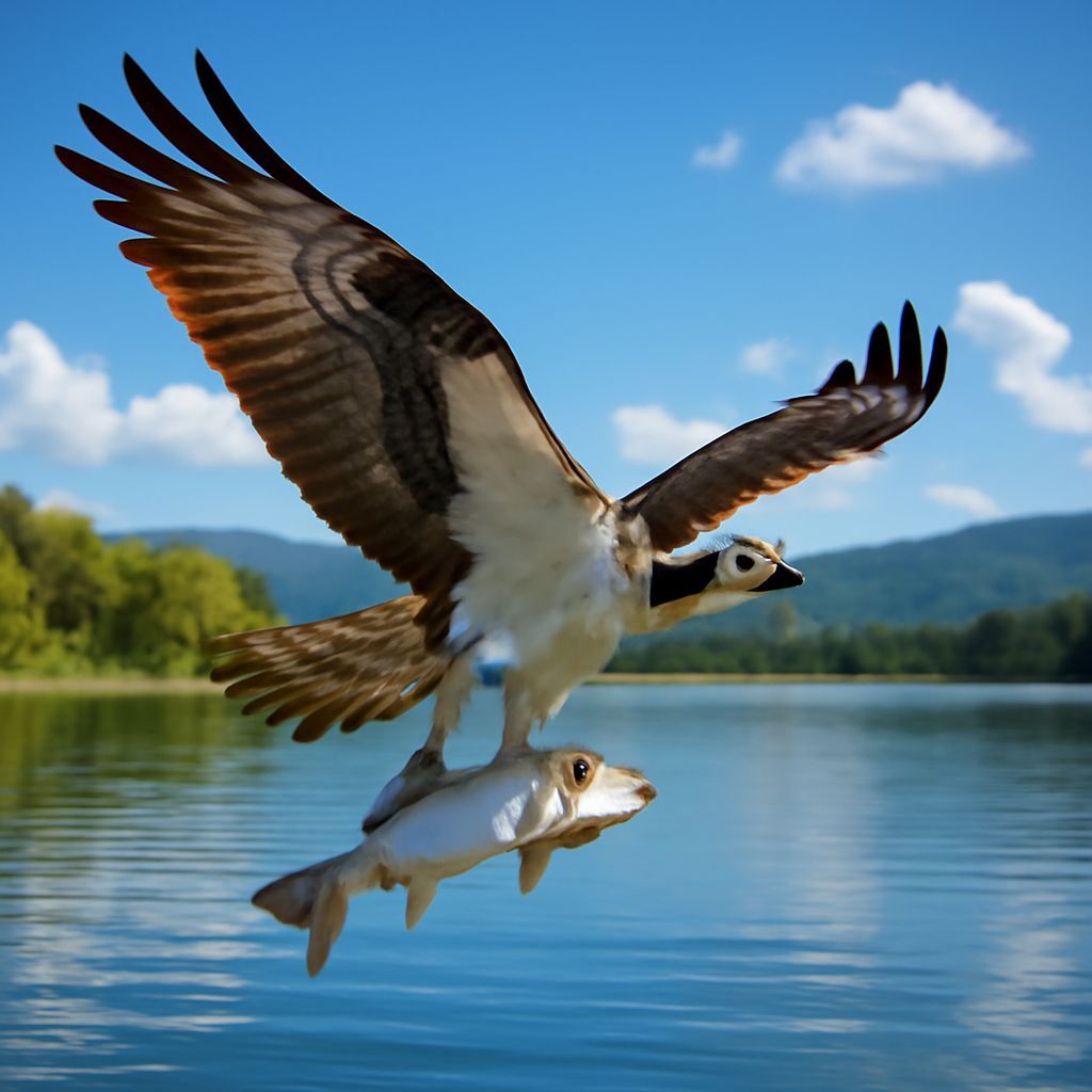 Osprey in Majestic Flight Over Serene Lake with Fresh Catch