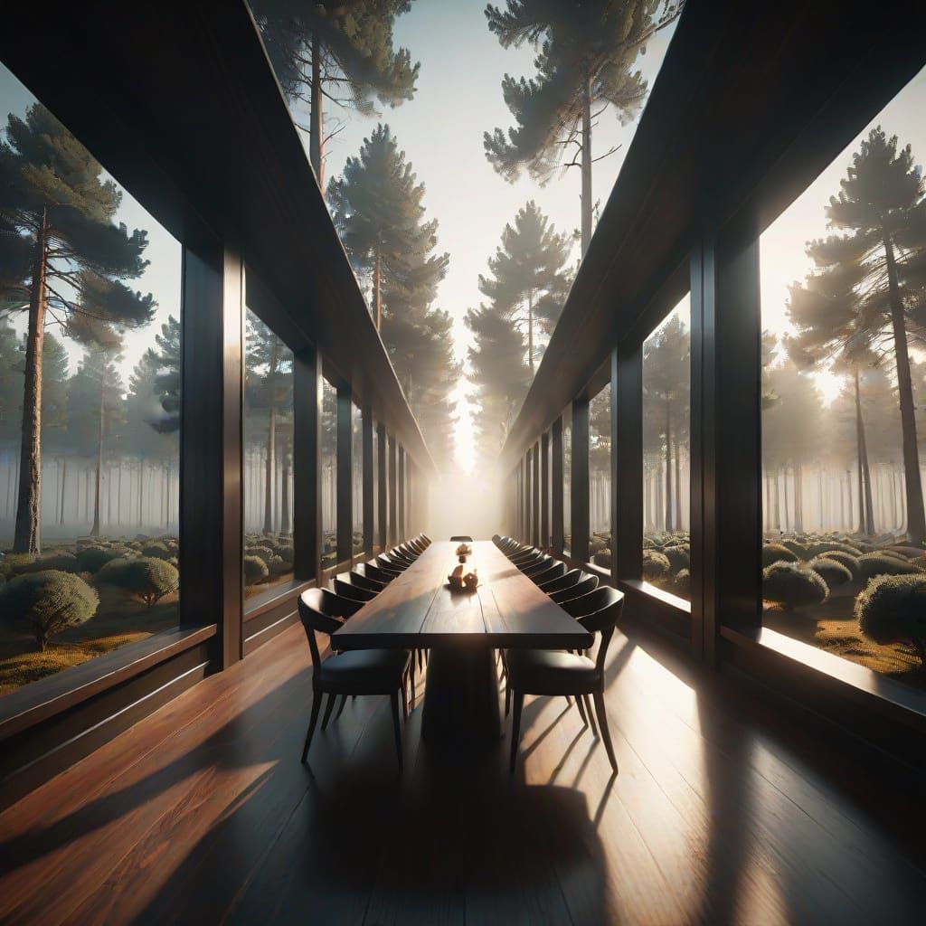 Misty Pine Forest Corridor with Banquet Table