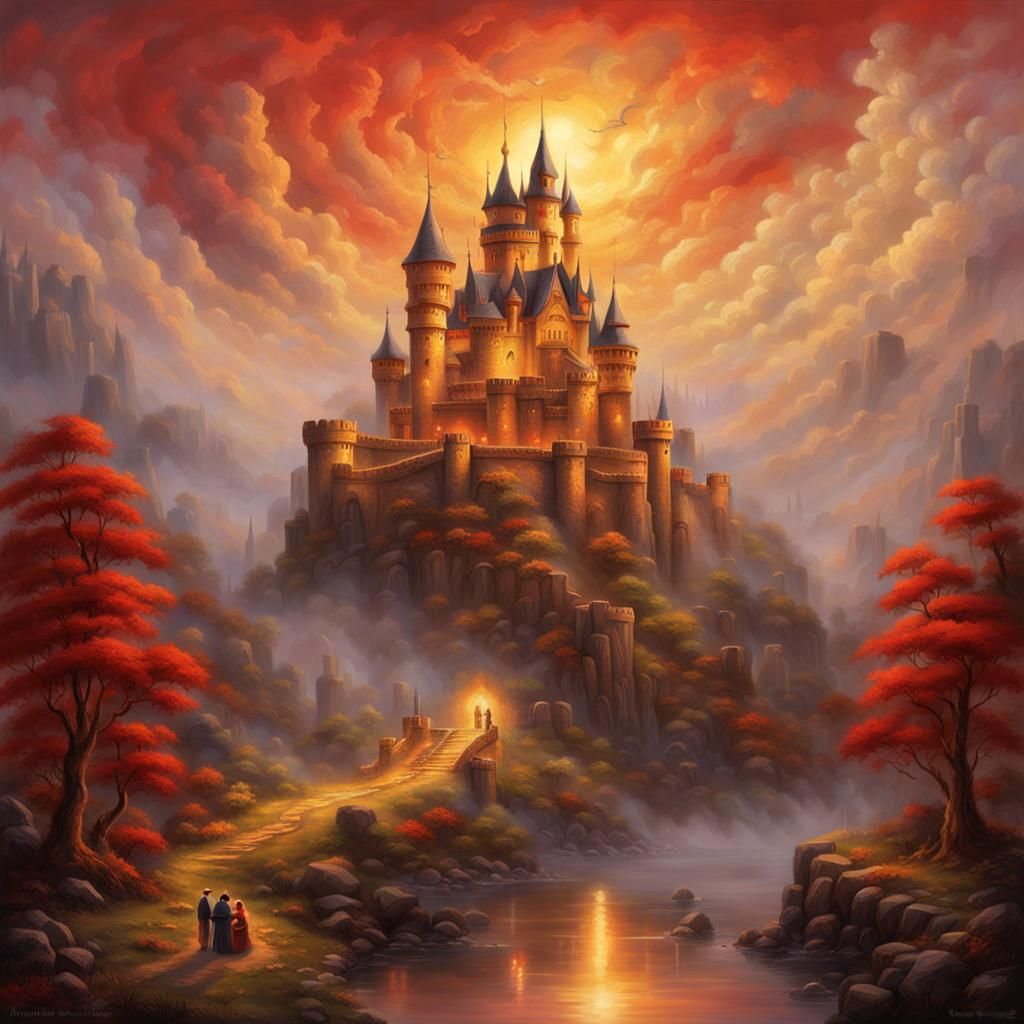 Four-Armed Mage in Red Gold Castle, Ethereal Painting