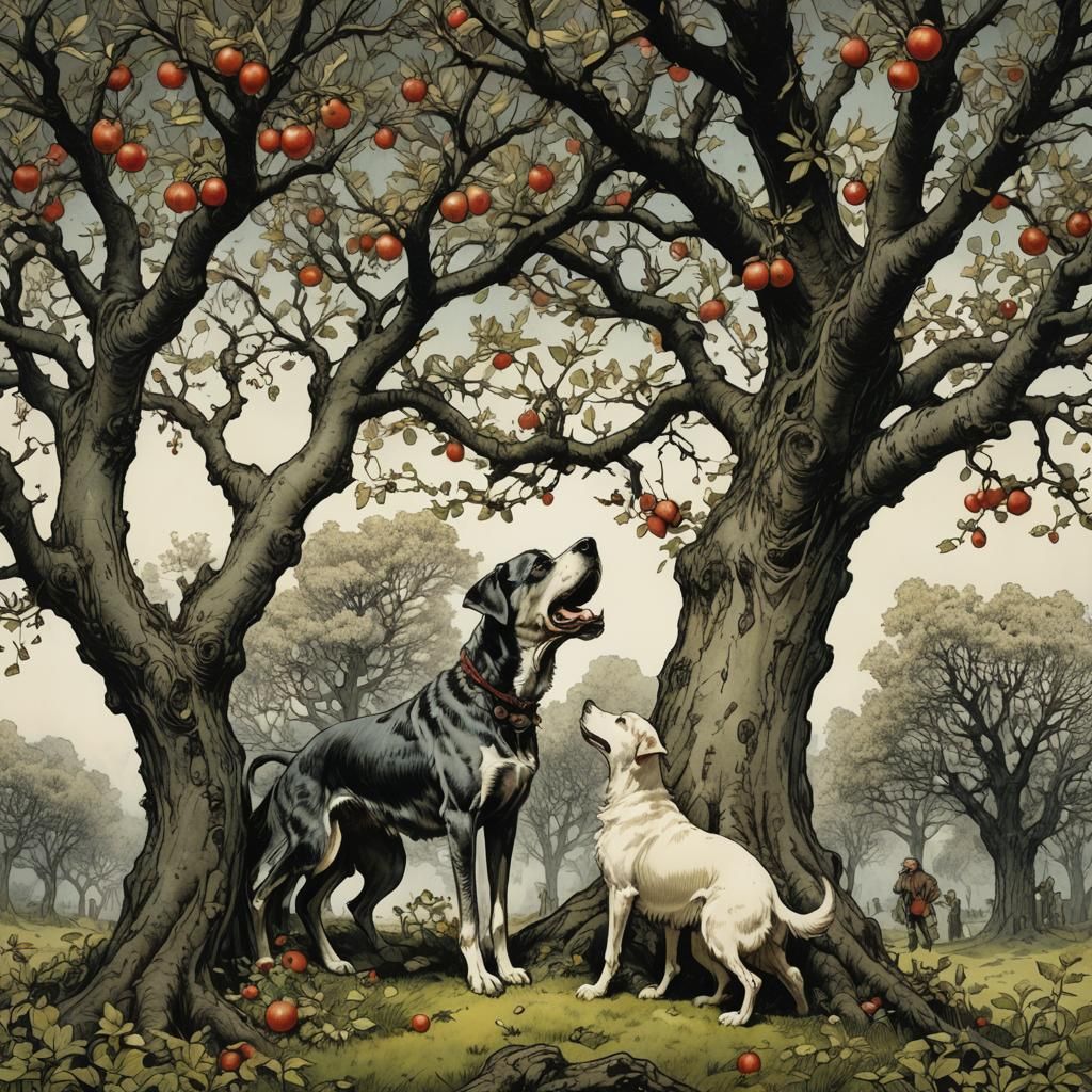 Boys in Apple Tree, Intricate Illustration