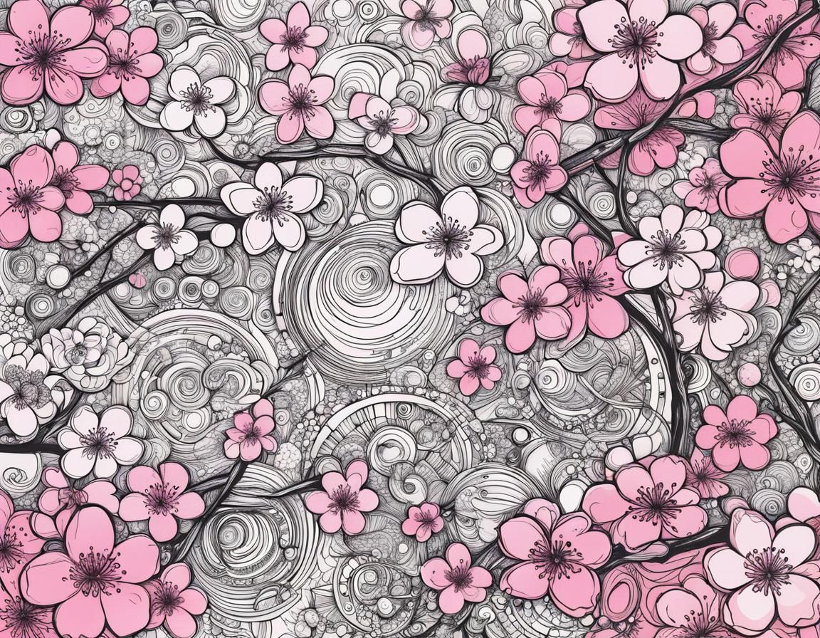 Pink Cherry Blossom Doodle in Ink Style
