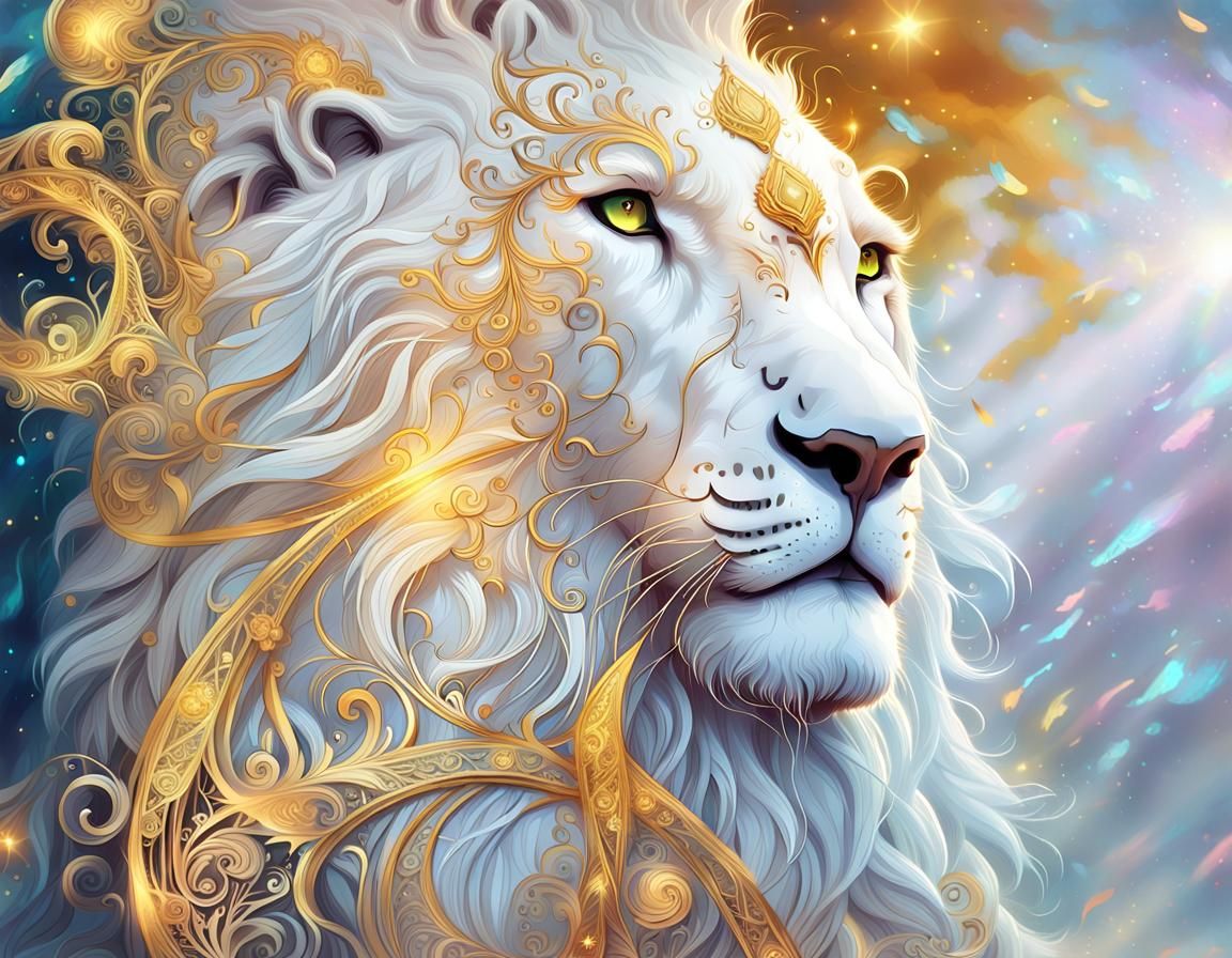Angelic White Lion with Gold Filigree