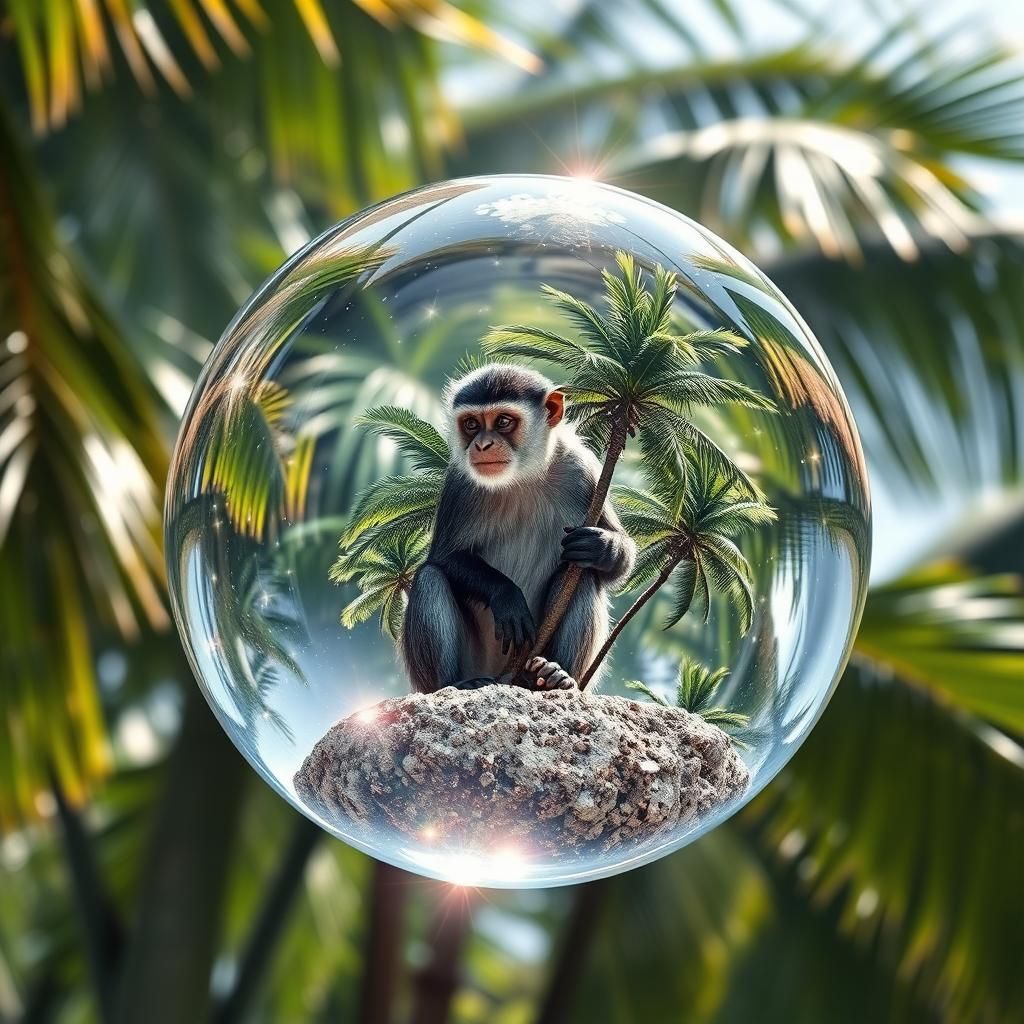 Crystal Sphere with Monkey and Palm Trees
