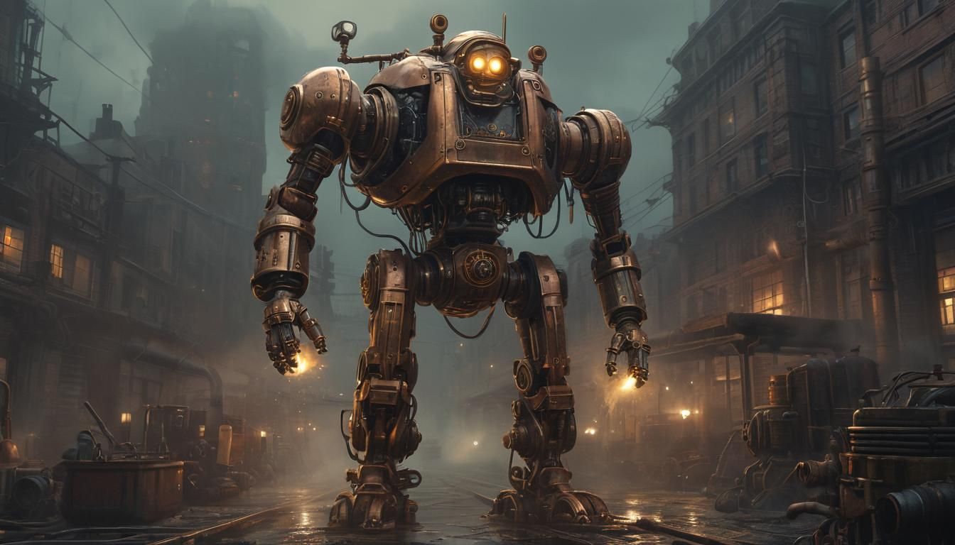 Steampunk Robot in Misty Industrial Cityscape Comic Art