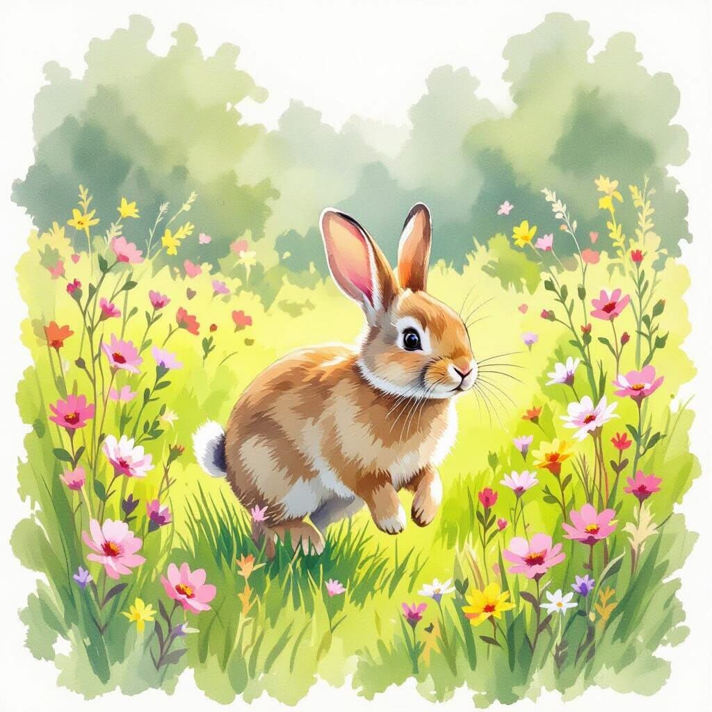 A cheerful rabbit hopping across a lush green meadow