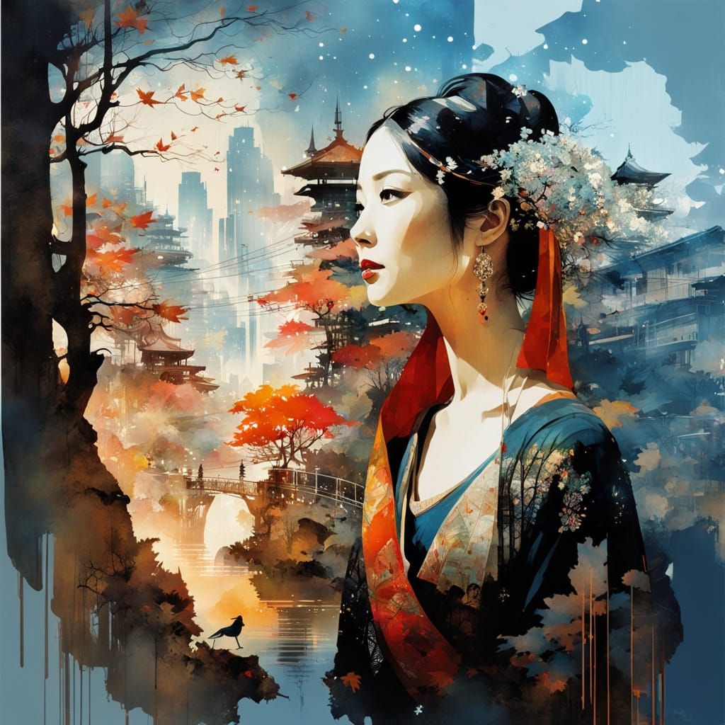 Galaxy Drips into Cityscape Silhouette, Autumn Leaves