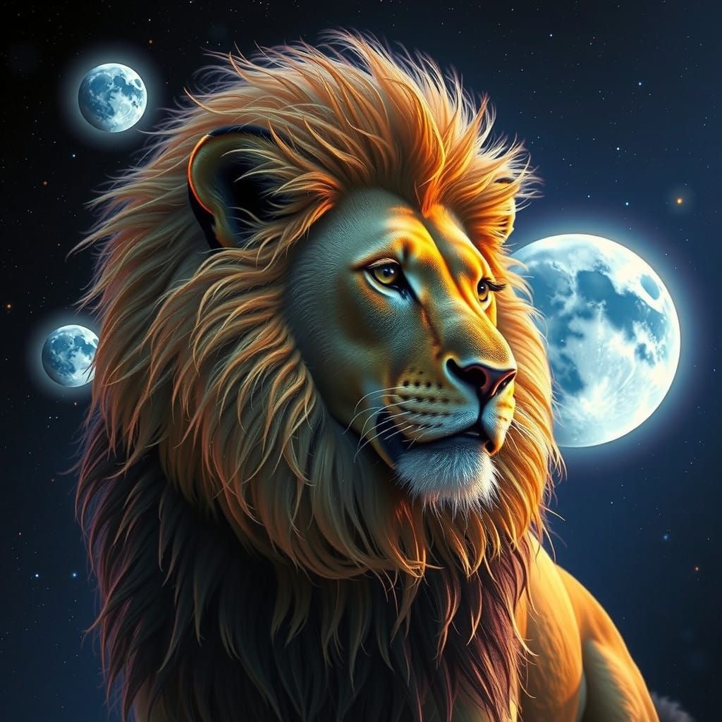 Regal Lion Surrounded by Vibrant Planetary Alignment in Spac...