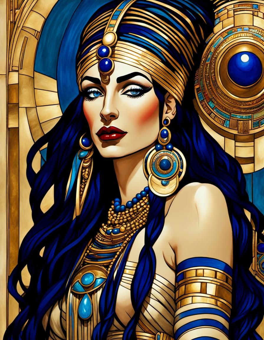 Egyptian Queen with Blue Hair in Graphic Novel Style