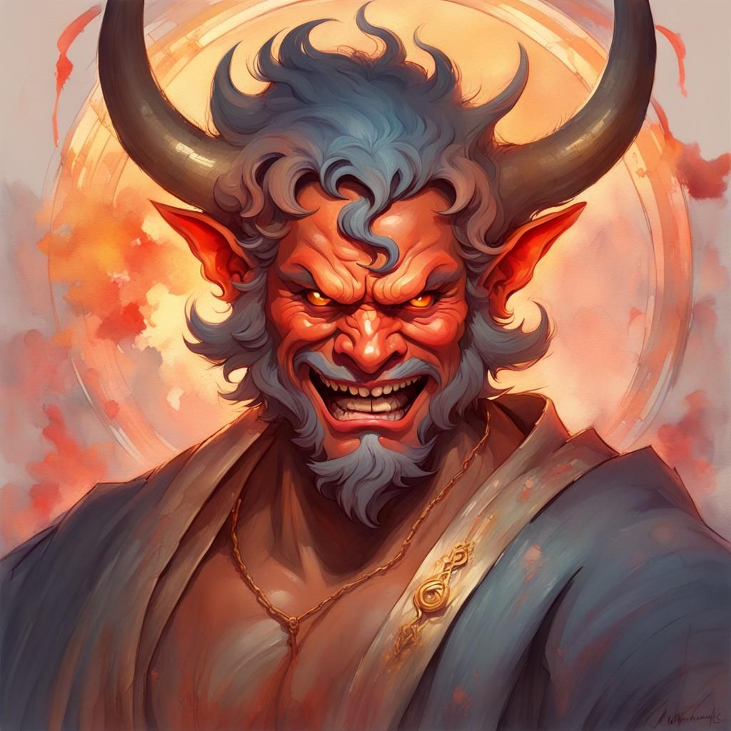 Elegant Oni in Gouache Watercolor Style