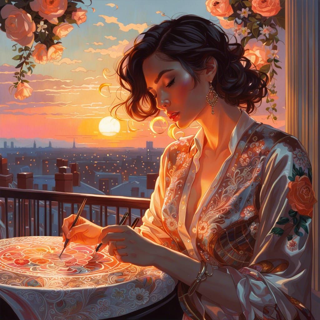 Woman Embroidering on Balcony, Digital Art