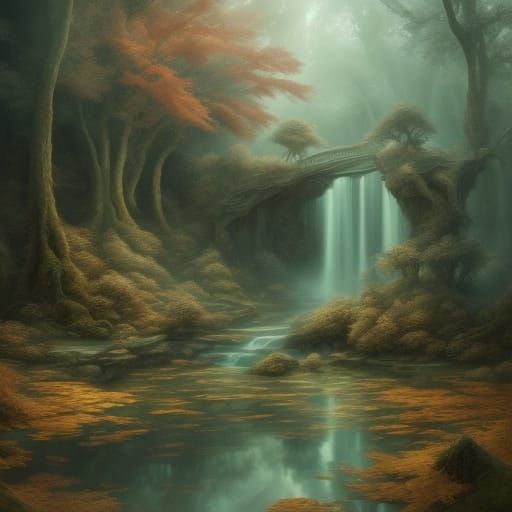 Enchanted Autumn Forest Waterfalls with Shimmering Light
