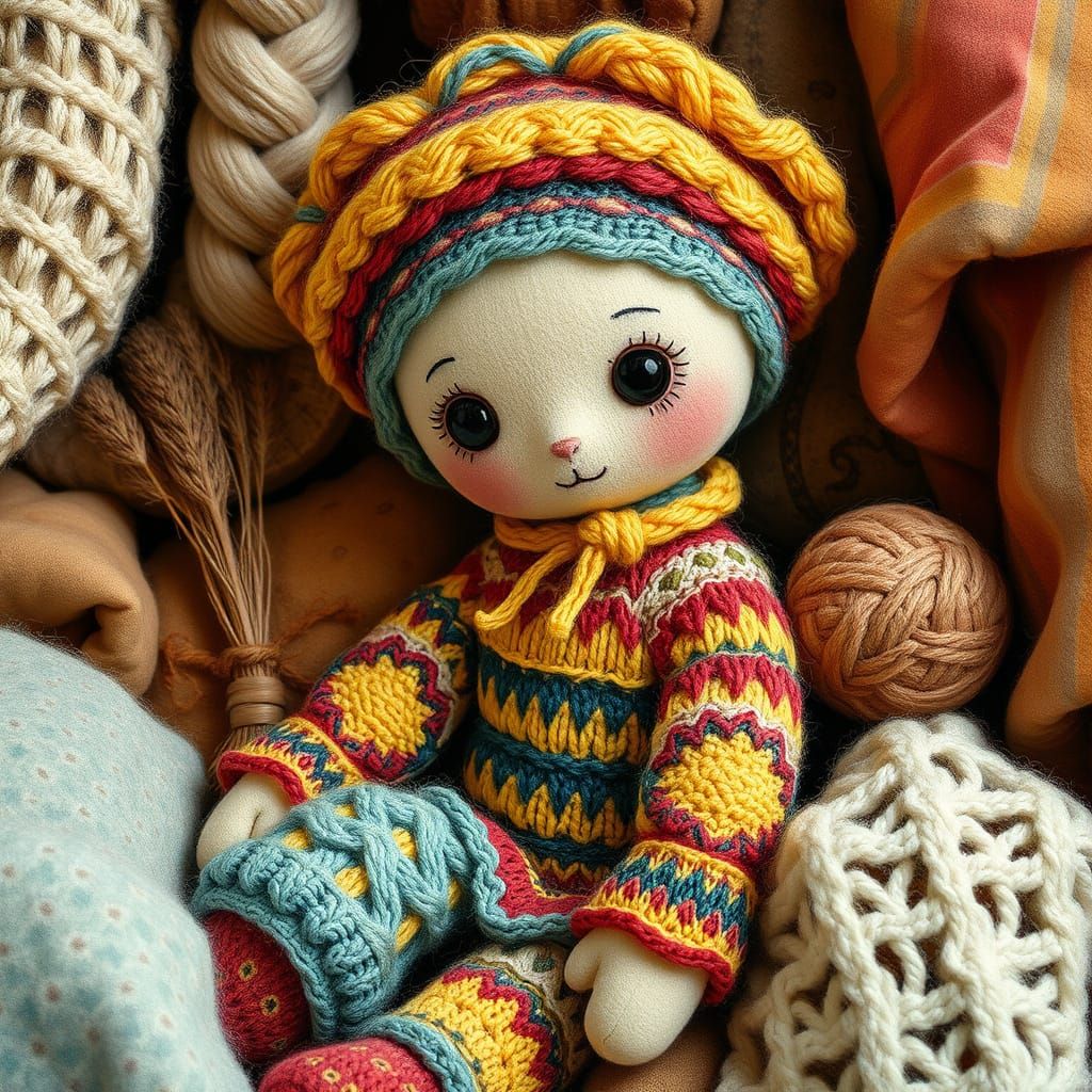 Whimsical Handmade Doll in Cozy Gouache Setting