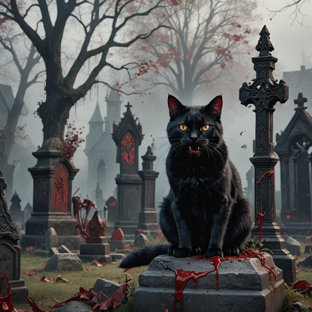 Vampire Cat in Graveyard: Detailed Matte Painting