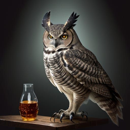 Great Horned Owl Drinks Whiskey in Chiaroscuro Alleyway