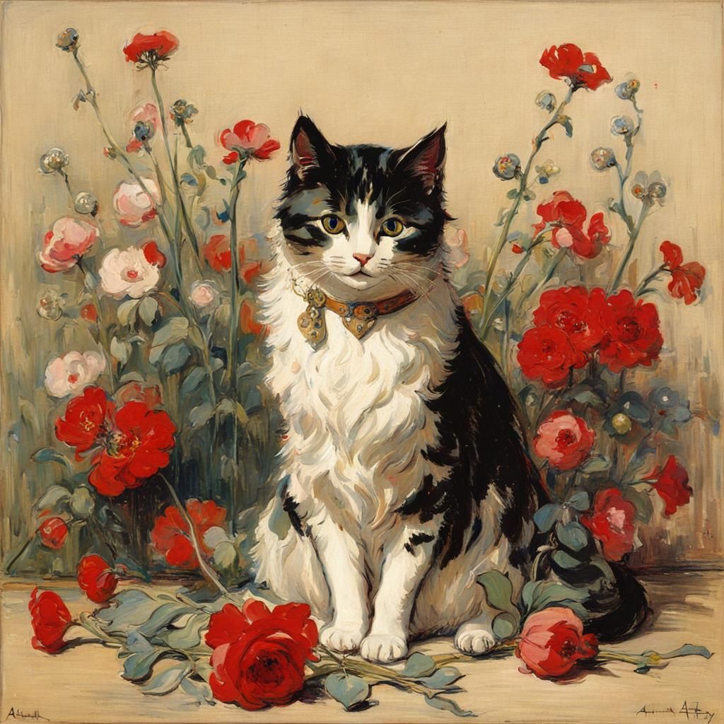 Cat on Pillow Surrounded by Flowers in Historical Style