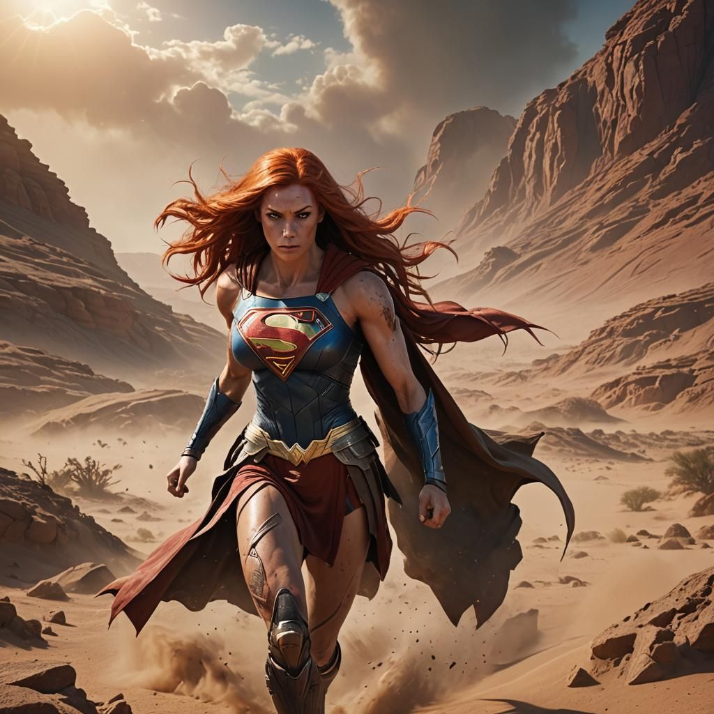 Wasteland Supergirl in Sun-Scorched Desert, Digital Art