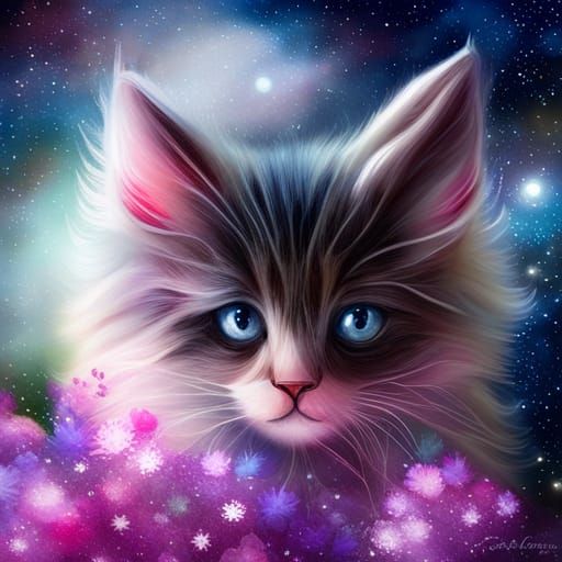 Cute Kitten in Space Nebula, Watercolour Style