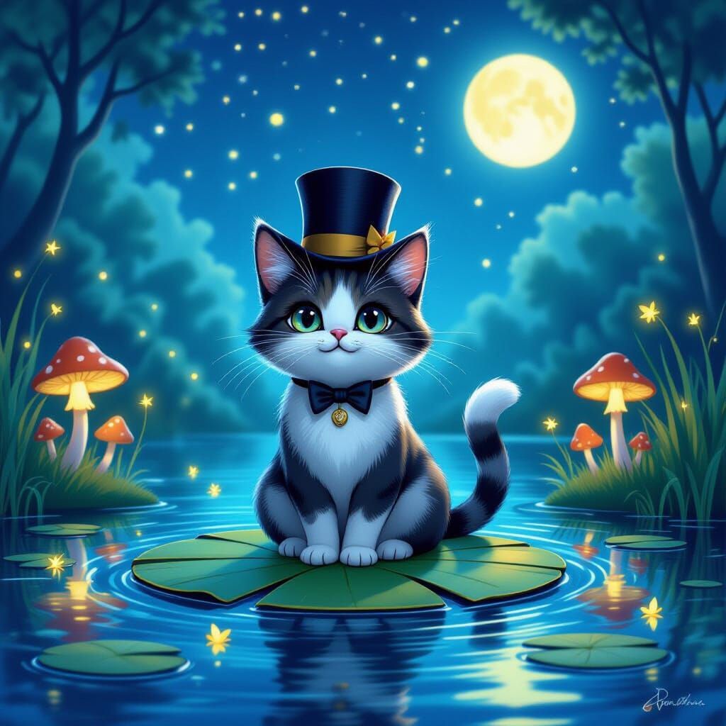 Bioluminescent Cat in Top Hat on Lily Pad