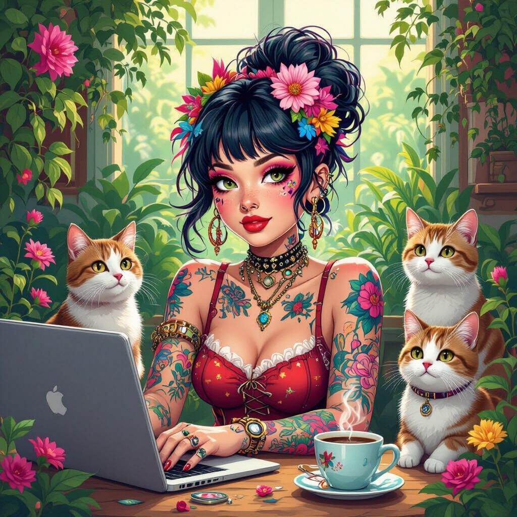 Punk Woman in Cottagecore Style with Cats and Laptop