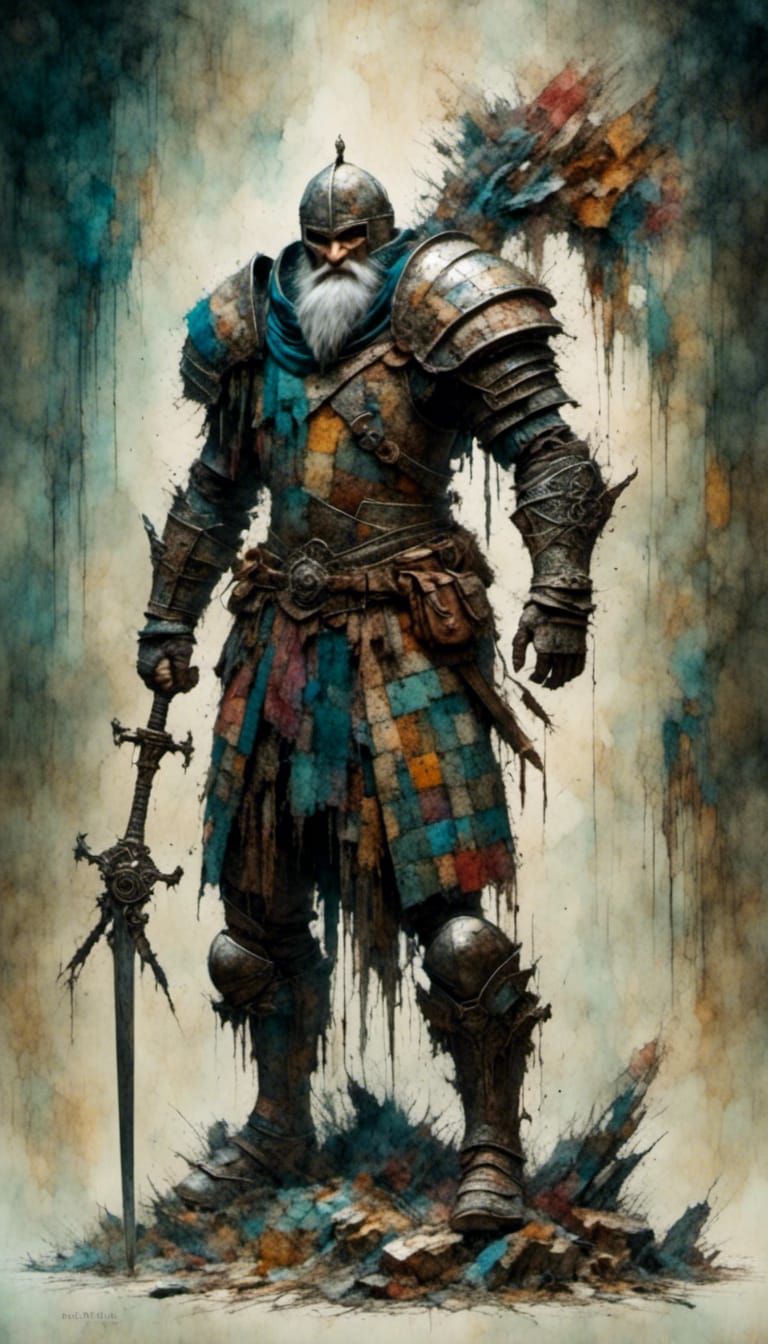 Dwarf Knight Forging Sword in Archaic Style