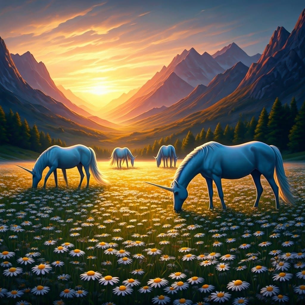 Majestic Unicorns Grazing in a Dreamy Sunset Landscape