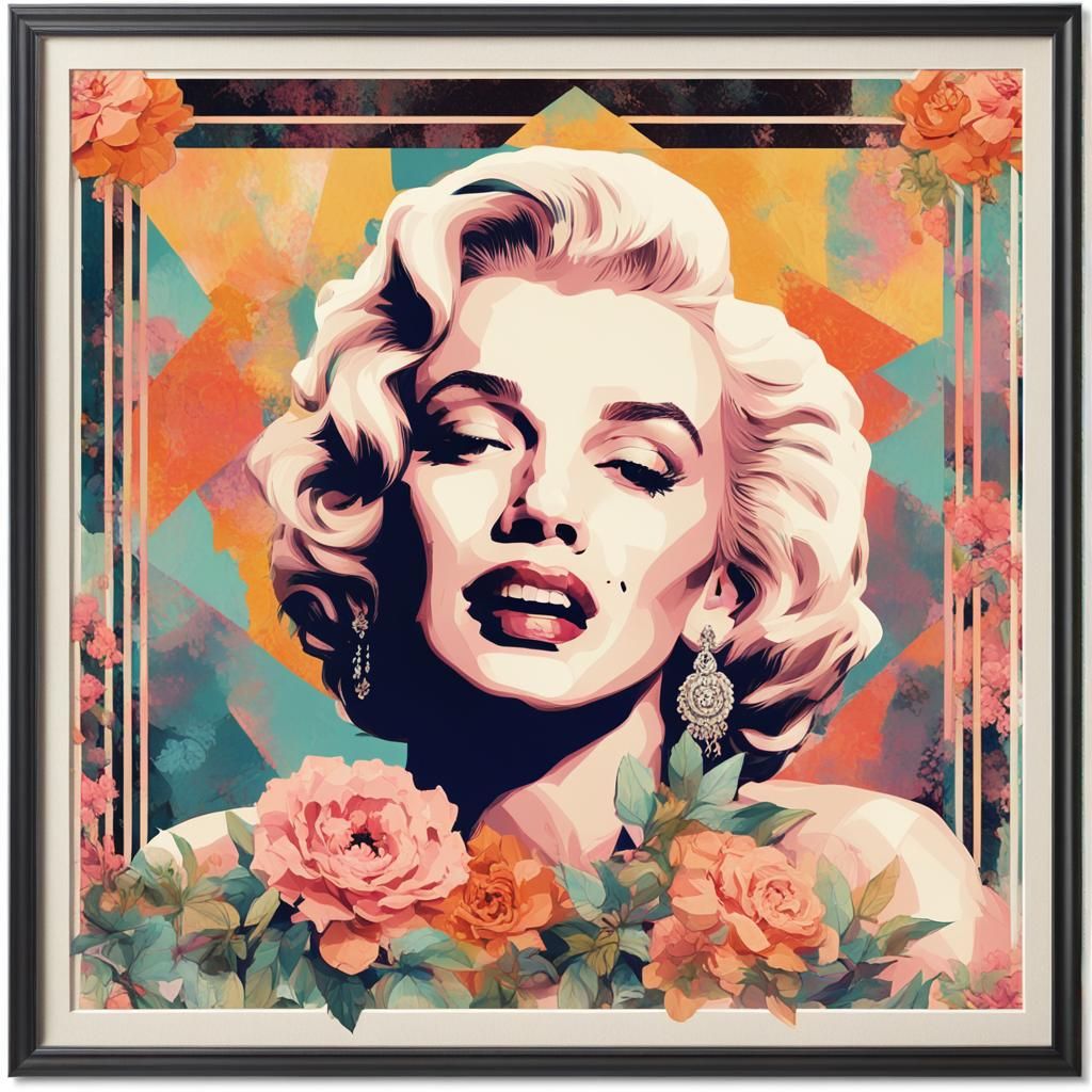 Art Deco Marilyn Monroe Portrait with Floral Accents