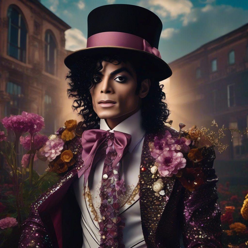 A detailed portrait of michael jackson as Willy Wonka, Marta...